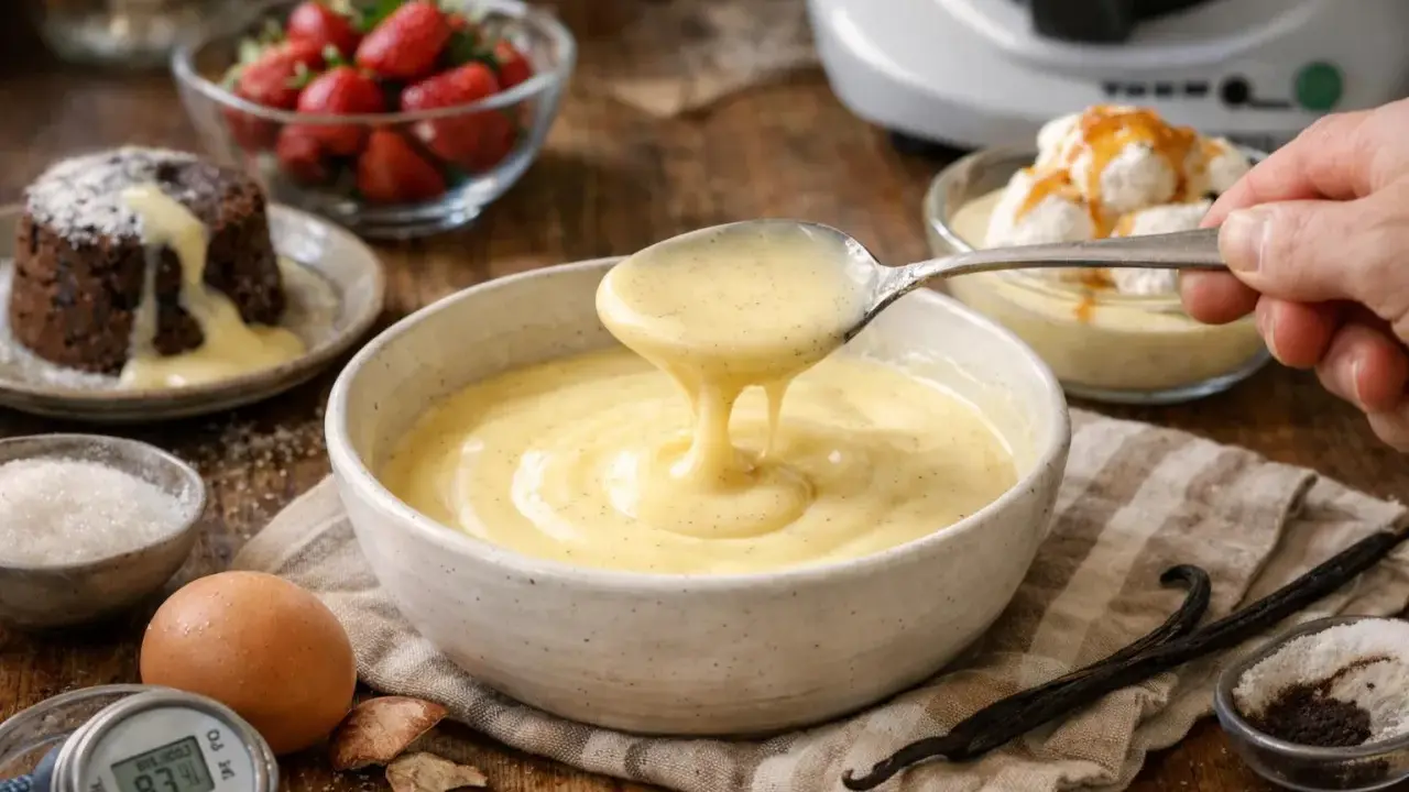 Une cuillère de sauce à la vanille onctueuse, parfaite pour une recette sauce creme. Des fraises, un gâteau au chocolat et des ingrédients de pâtisserie sont disposés autour.