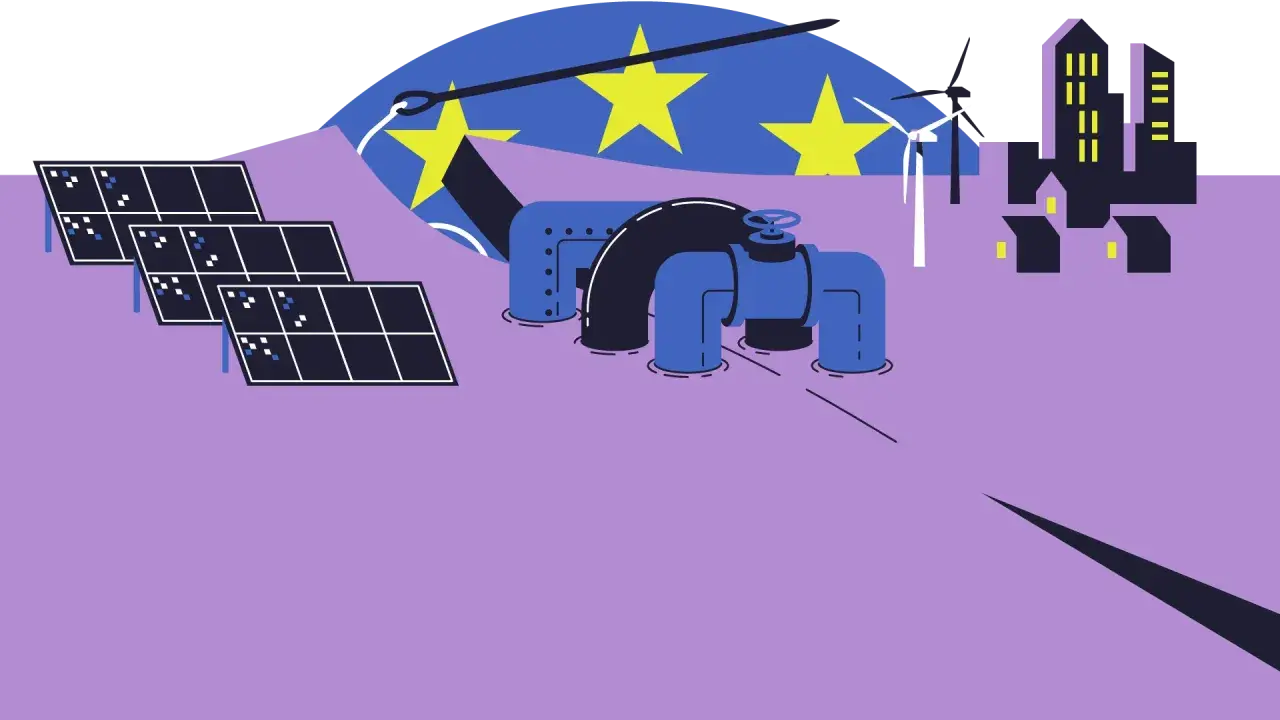 Europäische Union: Solarpanels, Windräder und ein Rohrleitungssystem symbolisieren die aktuelle Stromerzeugung in Europa.