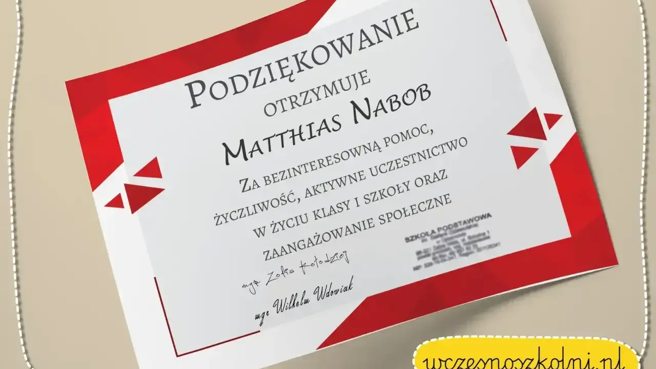Dyplom z podziękowaniem dla Matthiasa Nabob za pomoc i zaangażowanie. To piękny przykład podziękowania od szkoły.