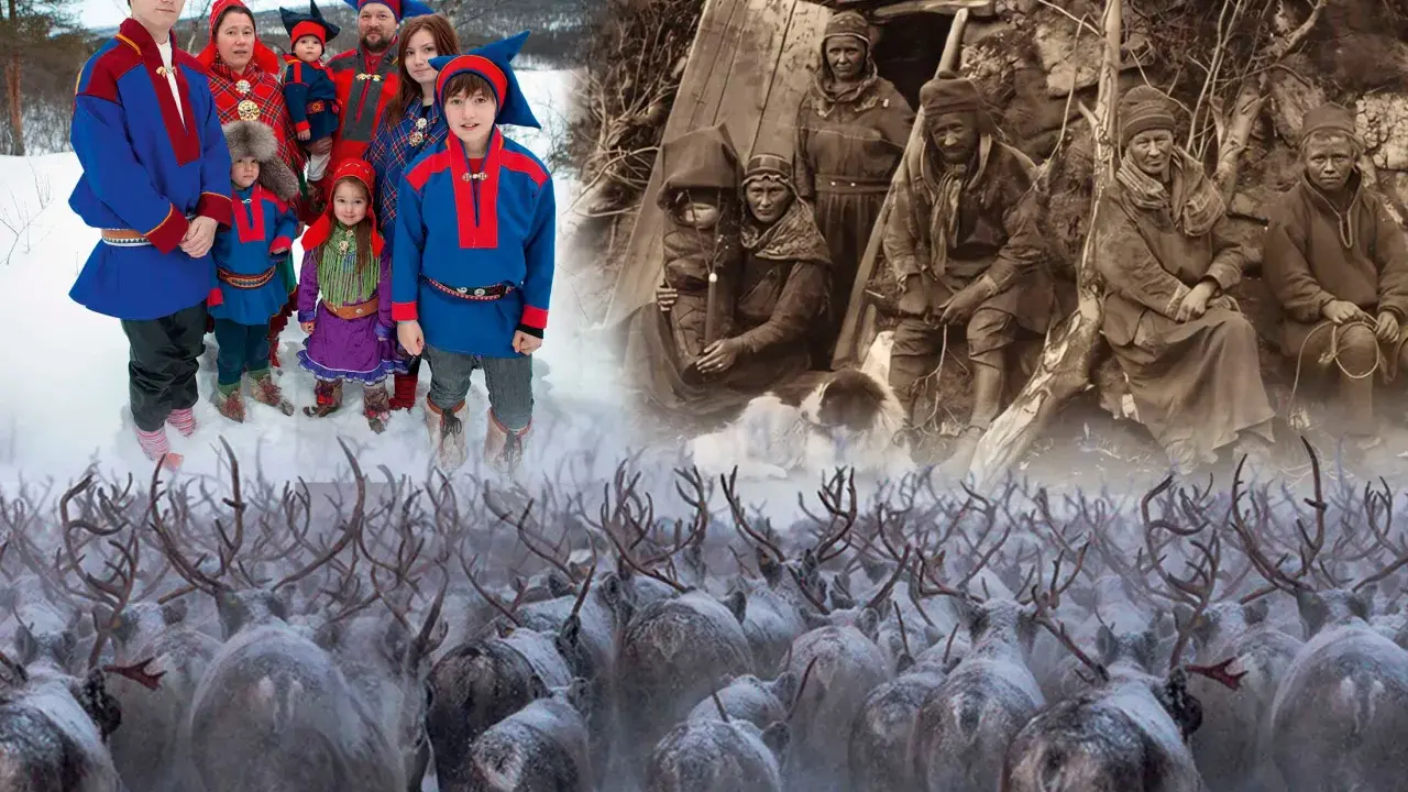 Sami people Sweden: en modern familj i traditionella kläder står framför en flock renar, med en historisk bild av samer i bakgrunden.