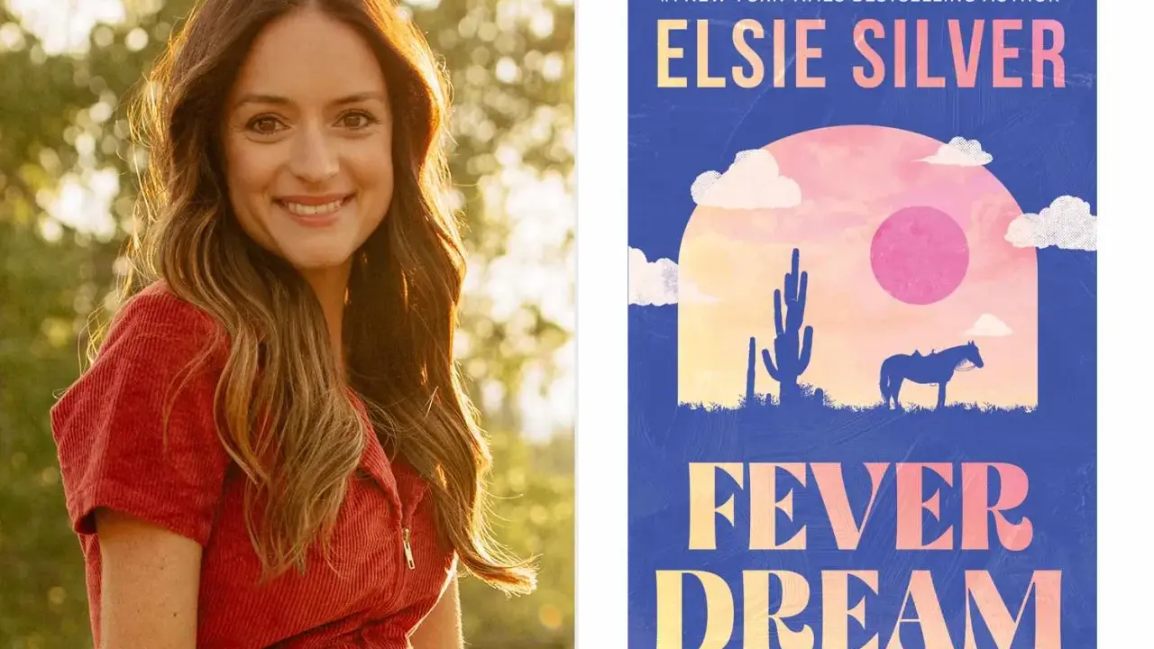 Elsie Silver, autrice bestseller, sorride con i capelli mossi. Accanto, la copertina del suo libro "Fever Dream" con un paesaggio desertico.