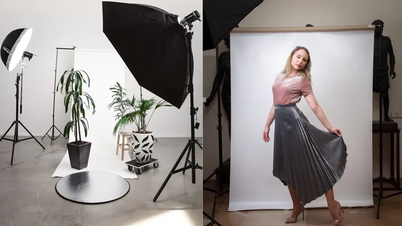Przygotowania do sesji w domowym studio: oświetlenie, rośliny i modelka w srebrnej spódnicy.
