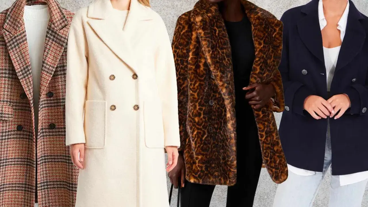 Four women model different peacoat styles: plaid, cream wool, leopard print faux fur, and navy blue.