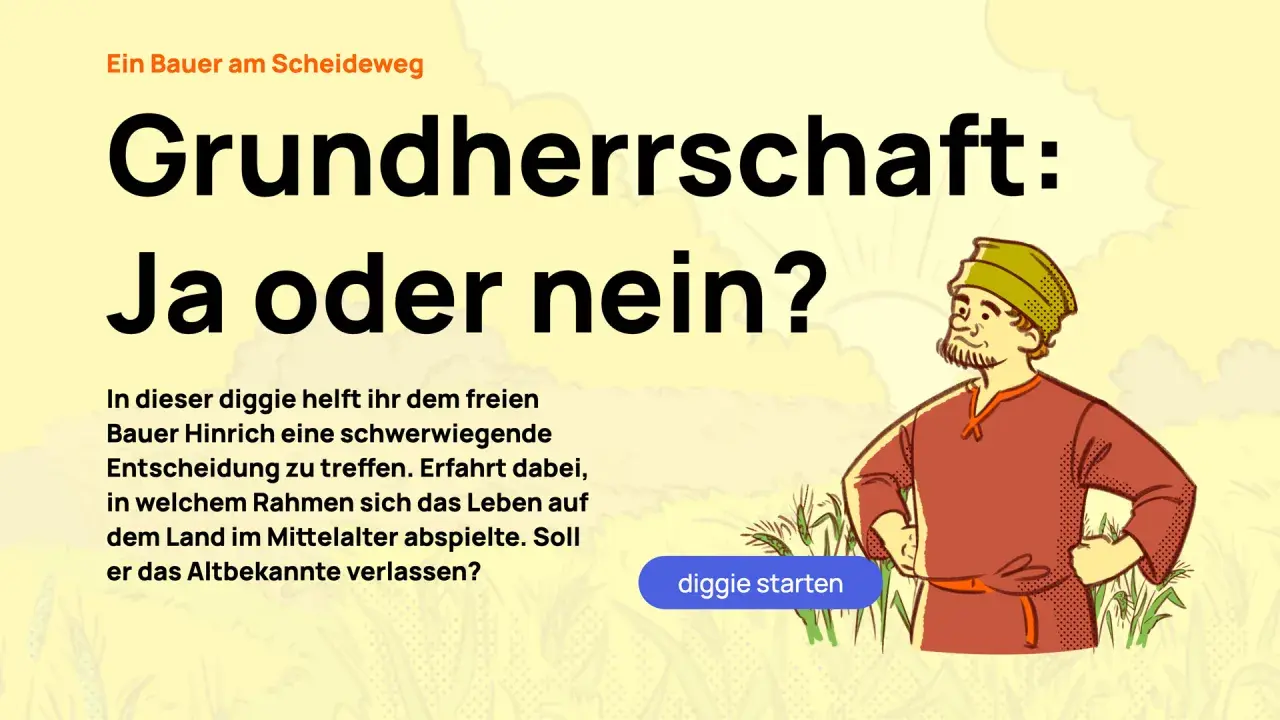 Ein Bauer am Scheideweg muss entscheiden: Grundherrschaft – ja oder nein? Erfahre, wie das Leben auf dem Land im Mittelalter war.