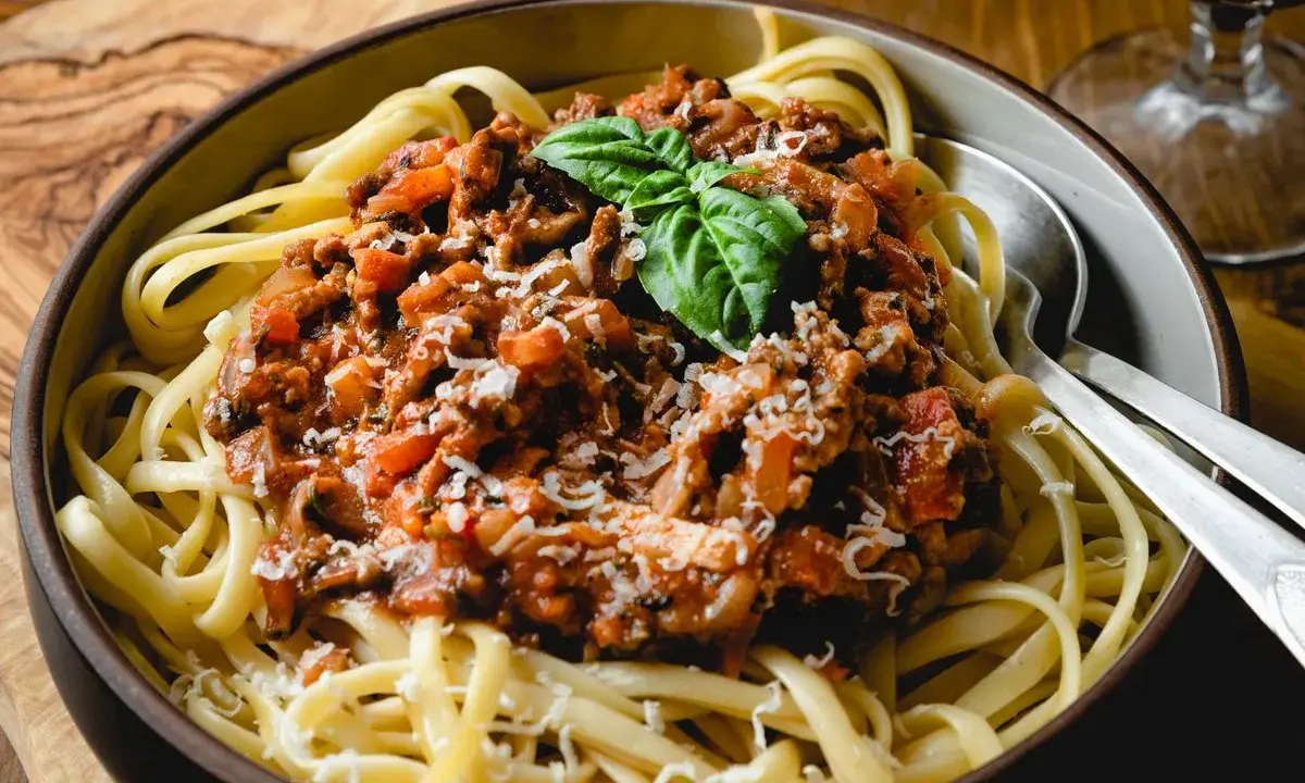 Schüssel mit Spaghetti und herzhafter Bolognese-Sauce, garniert mit Basilikum und Parmesan. Ein klassisches italienisches Gericht, das Lust auf mehr macht.