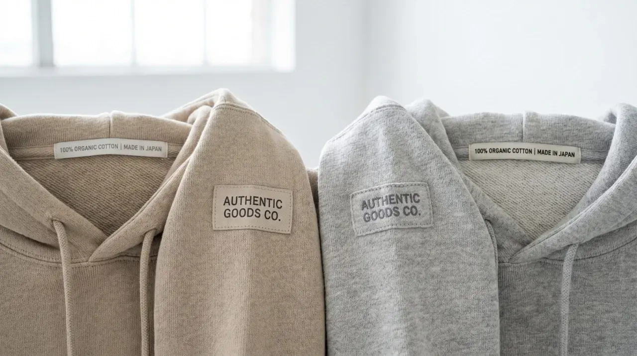Dwa bluzy z kapturem, beżowa i szara, z naszywką "AUTHENTIC GOODS CO." i metką "100% ORGANIC COTTON | MADE IN JAPAN". Oryginalna metka Champion.
