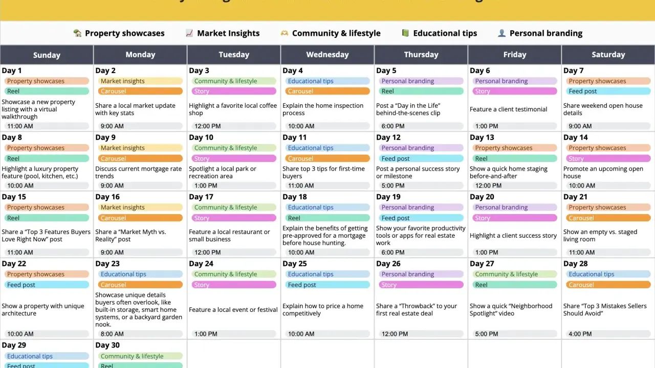 Calendario de contenido de Instagram para agentes inmobiliarios. Planifica tu mes para hacer calendario de publicaciones.