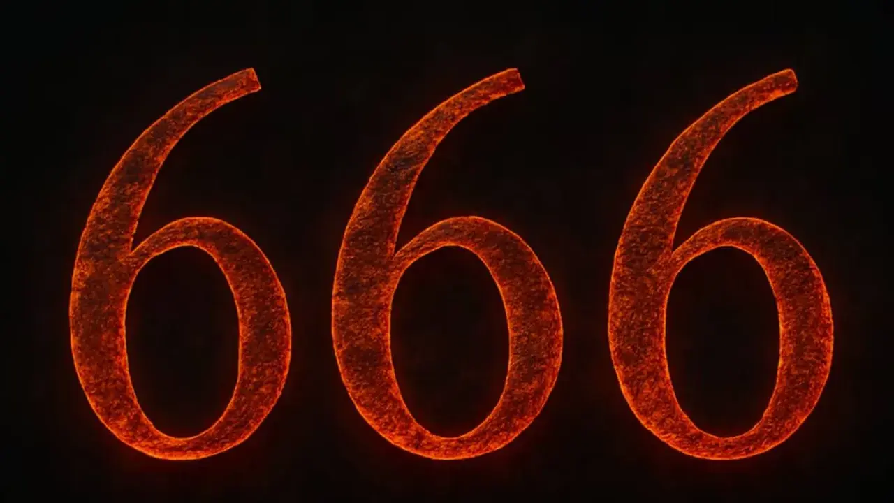 Trzy płonące cyfry 666, symbolizujące tajemnicze znaczenie liczby 666.
