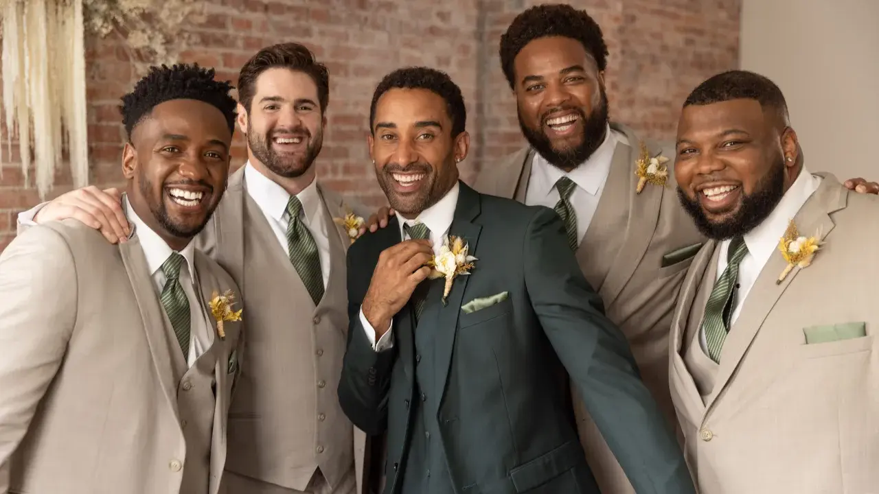 Groomsmen in light tan suits and one in a dark green suit, all smiling. They are dressed for a wedding, showing when grooms get suits.