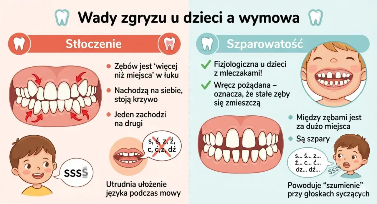 Stłoczenie zębów i szparowatość mogą leczyć wady wymowy. Ilustracja pokazuje problemy z zębami i ich wpływ na mowę.