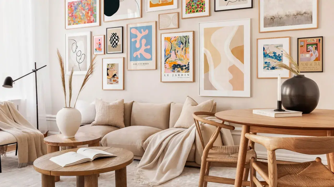 Un salón moderno con un sofá beige y una colección de cuadros para encima del sofá, llenos de color y formas abstractas.