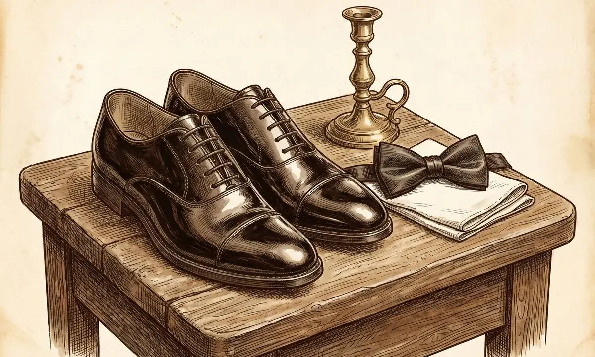 A pair of polished black cap-toe oxfords, the perfect shoes to wear with a tuxedo, sit on a wooden table next to a bowtie, handkerchief, and candlestick.