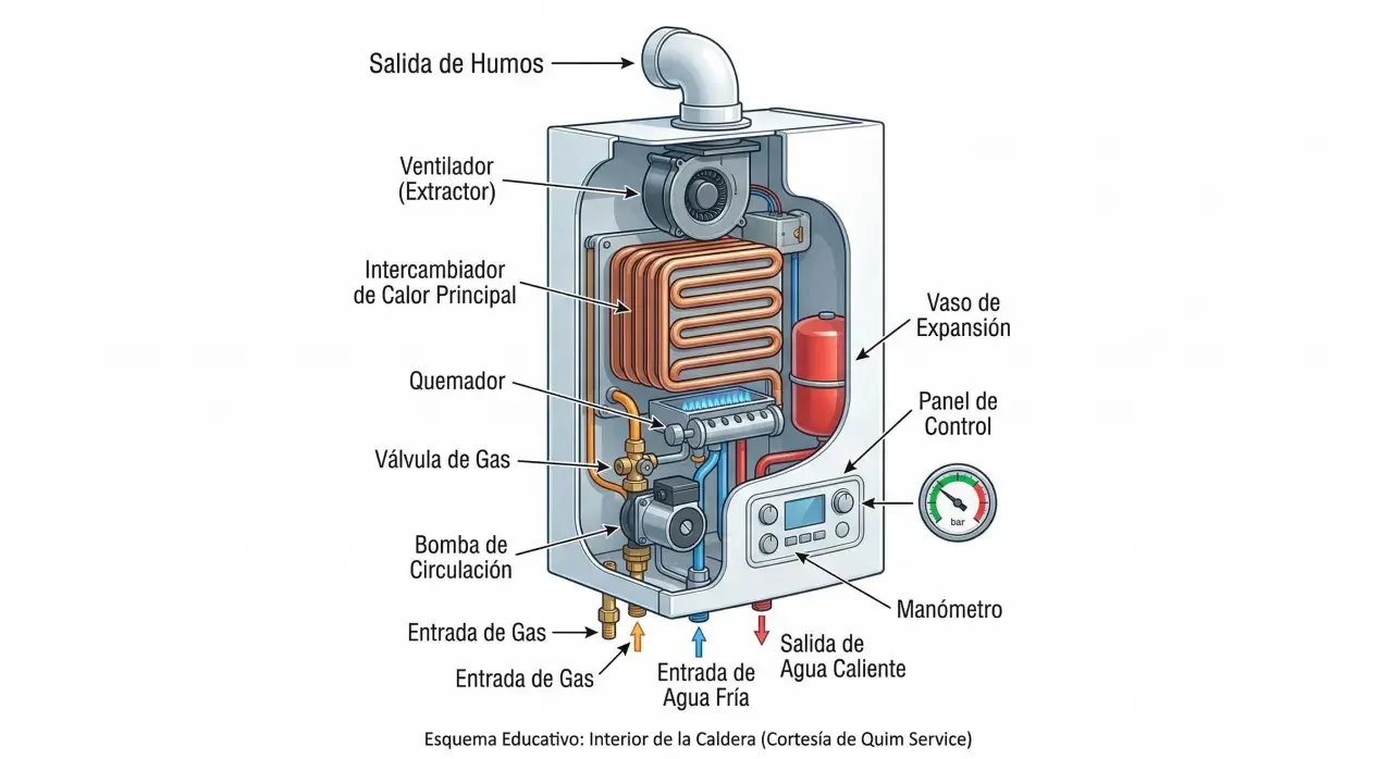Diagrama de una caldera mostrando sus componentes internos. Se ve el intercambiador de calor, quemador y ventilador. ¡Ojalá la caldera haga ruido de agua pronto!