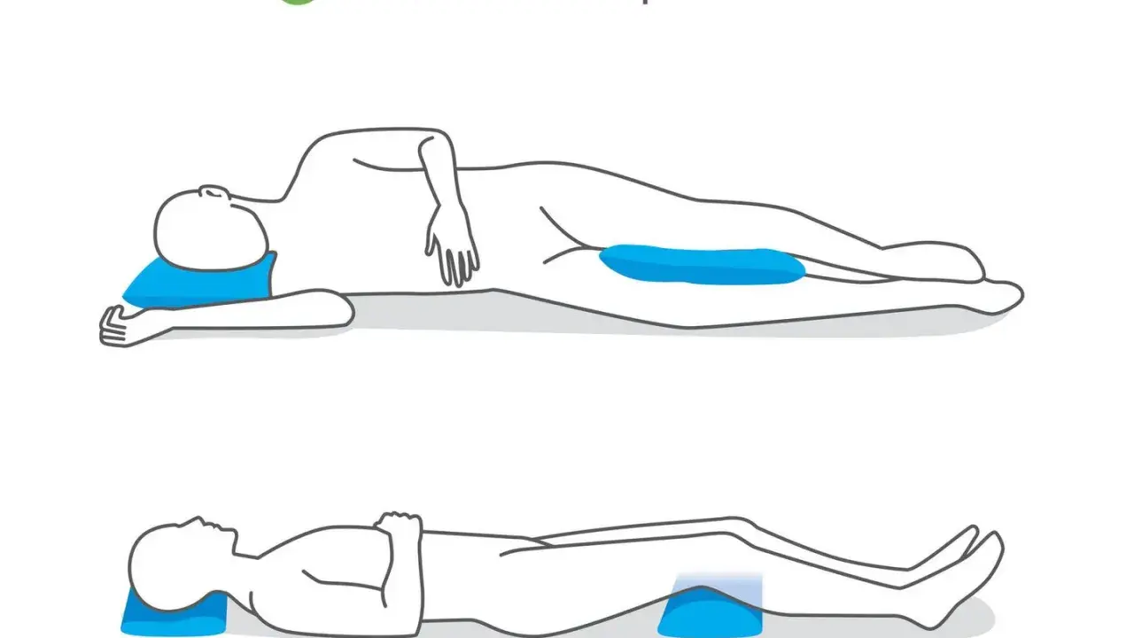 Ilustración muestra posturas correctas para dormir, evitando malas posturas. Una persona duerme de lado con almohada entre las piernas.