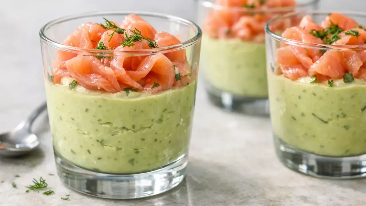 Verrine avocat saumon : une couche crémeuse d'avocat et d'herbes surmontée de fines tranches de saumon fumé, garnie d'aneth.