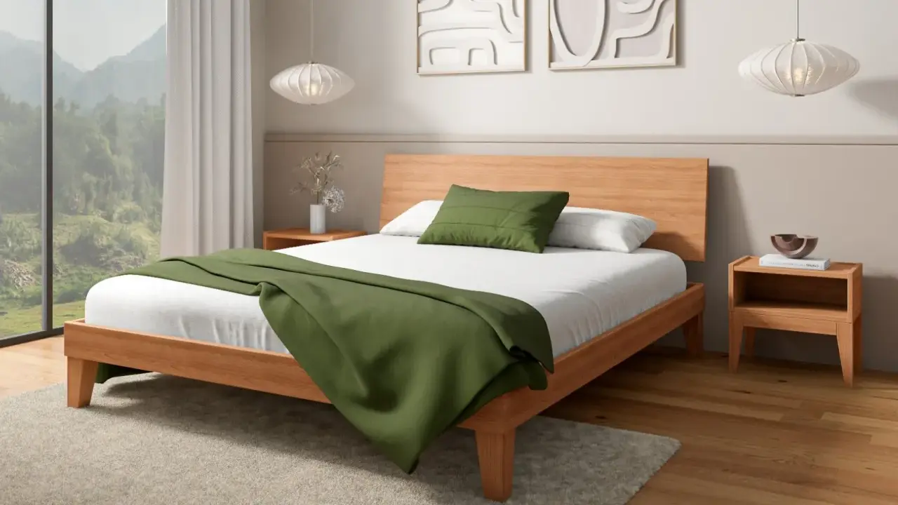 Acogedora habitación de 9m2 con cama de madera, manta verde y vistas a la montaña.