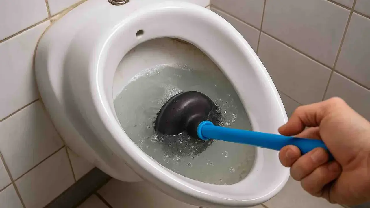 Hand uses a plunger to clear a toilet bowl, tackling stubborn Urinstein im Rohr entfernen.