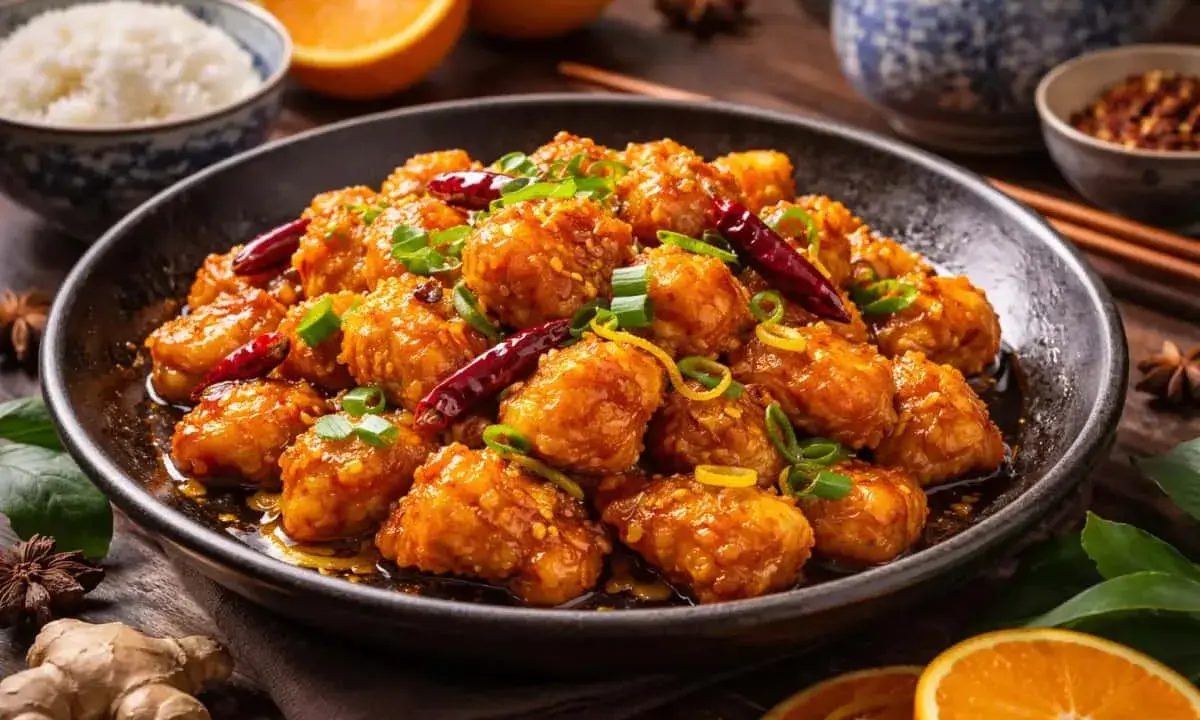 En skål med krispig, glaserad orange chicken, toppad med chili och salladslök. Serveras med ris och apelsinskivor.