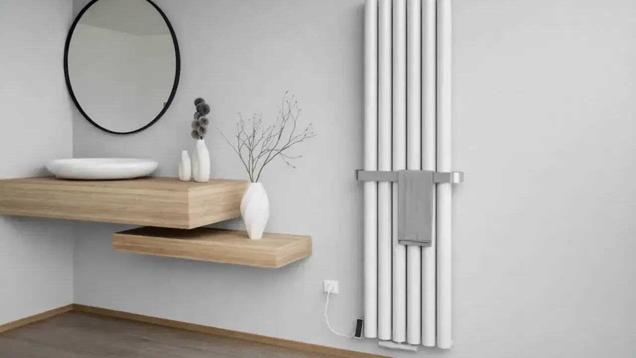 Nowoczesna łazienka z białym grzejnikiem, który może mieć wady grzejników aluminiowych. Obok umywalka i lustro.