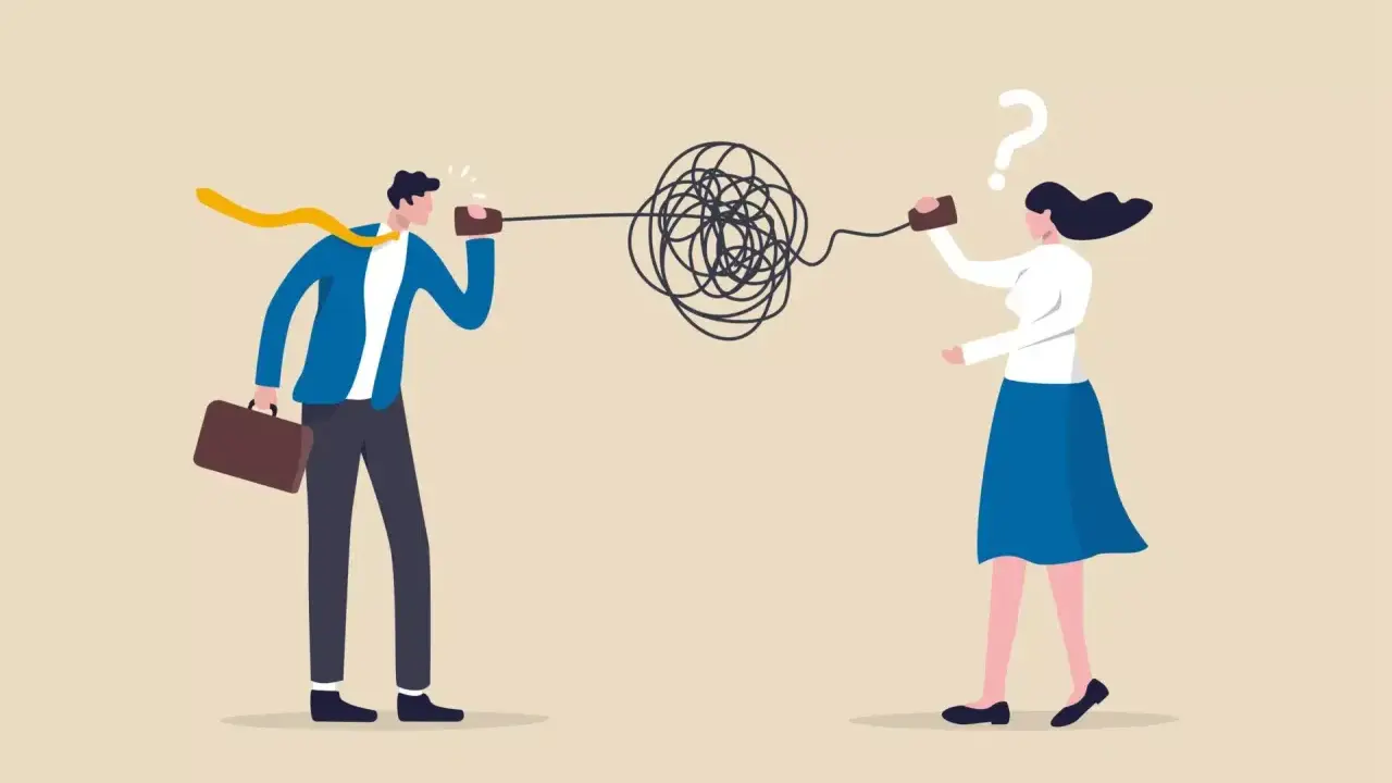 Un hombre y una mujer intentan comunicarse con latas y cuerdas, pero el mensaje se enreda, ilustrando la falta de comunicación efectiva.