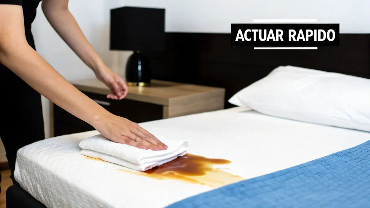 Manos limpian derrame en colchón. Aprende como quitar el olor a vinagre del colchon rápidamente.