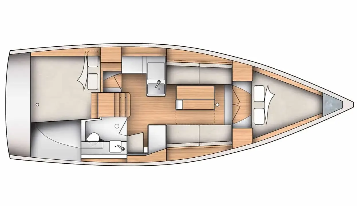 Plan intérieur du Dufour 360, montrant cabine, carré, cuisine et salle d'eau. Fiche technique détaillée.