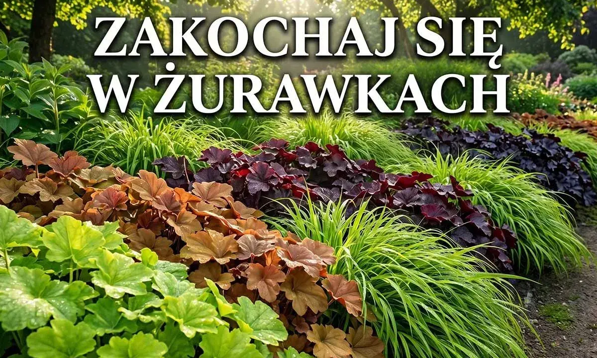 Piękny ogród z żurawkami w różnych odcieniach zieleni, brązu i purpury. Wspaniała inspiracja do żurawki uprawa.