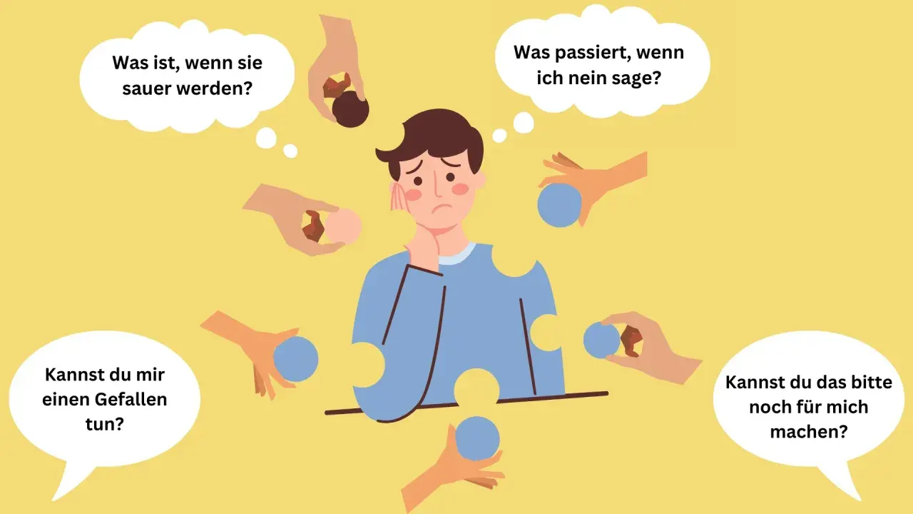 Ein Mann ist von vielen Händen umgeben, die ihm Bälle anbieten. Er wirkt besorgt und denkt über die Psychologie nach, es allen recht machen zu wollen.