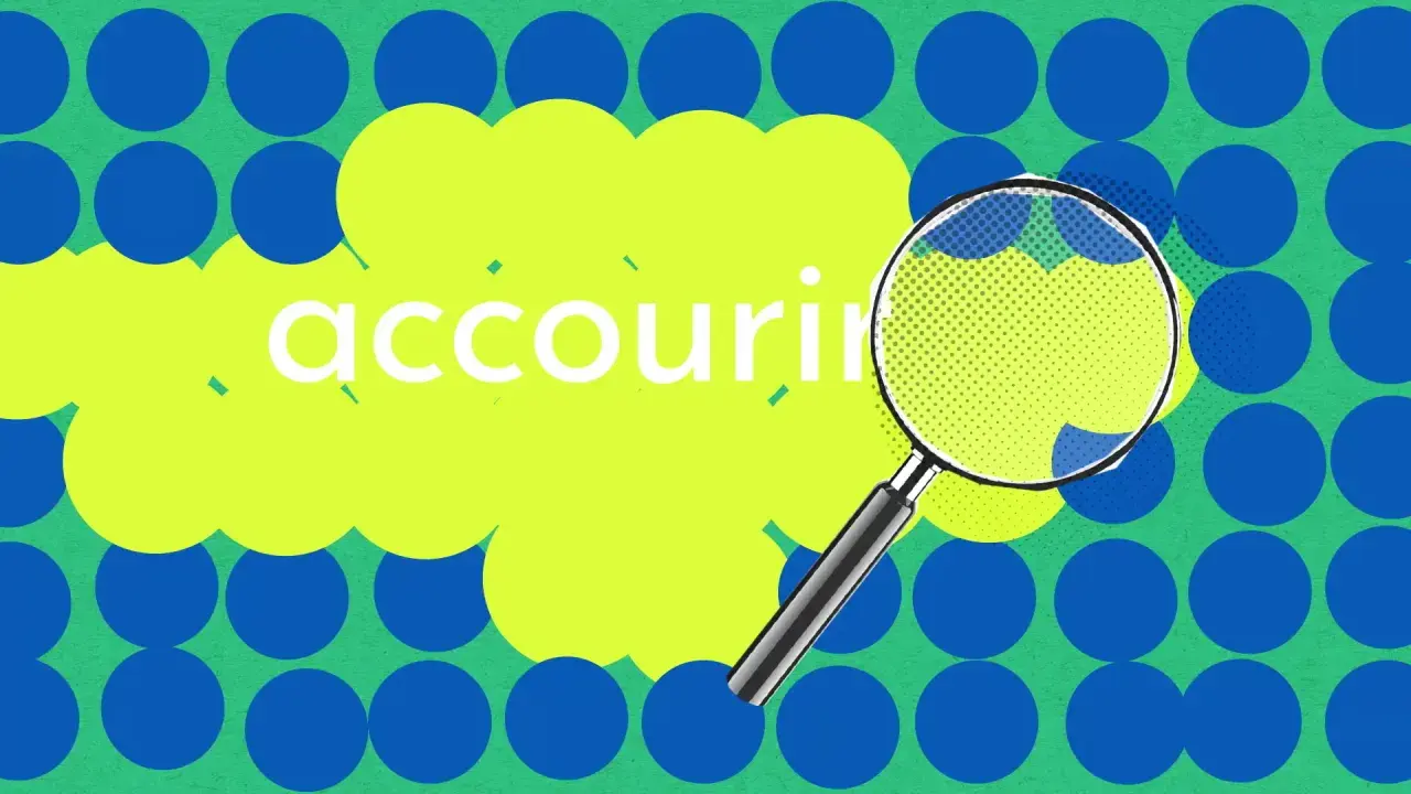 Une loupe examine le mot "accourir" sur un fond vert parsemé de cercles bleus. La conjugaison d'accourir est à l'étude.