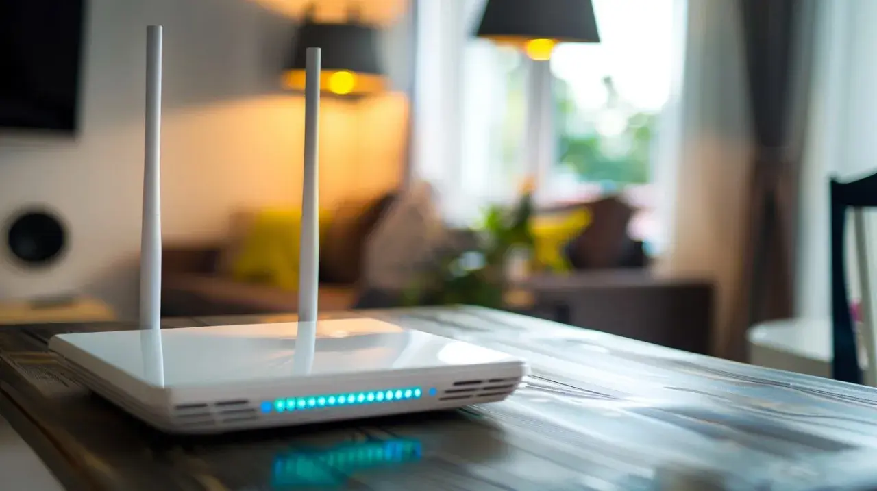 Moderner WLAN-Router mit Antennen und blauen LEDs. Er steht auf einem Holztisch und symbolisiert schnelles Internet, was bedeutet 500 Mbit/s.