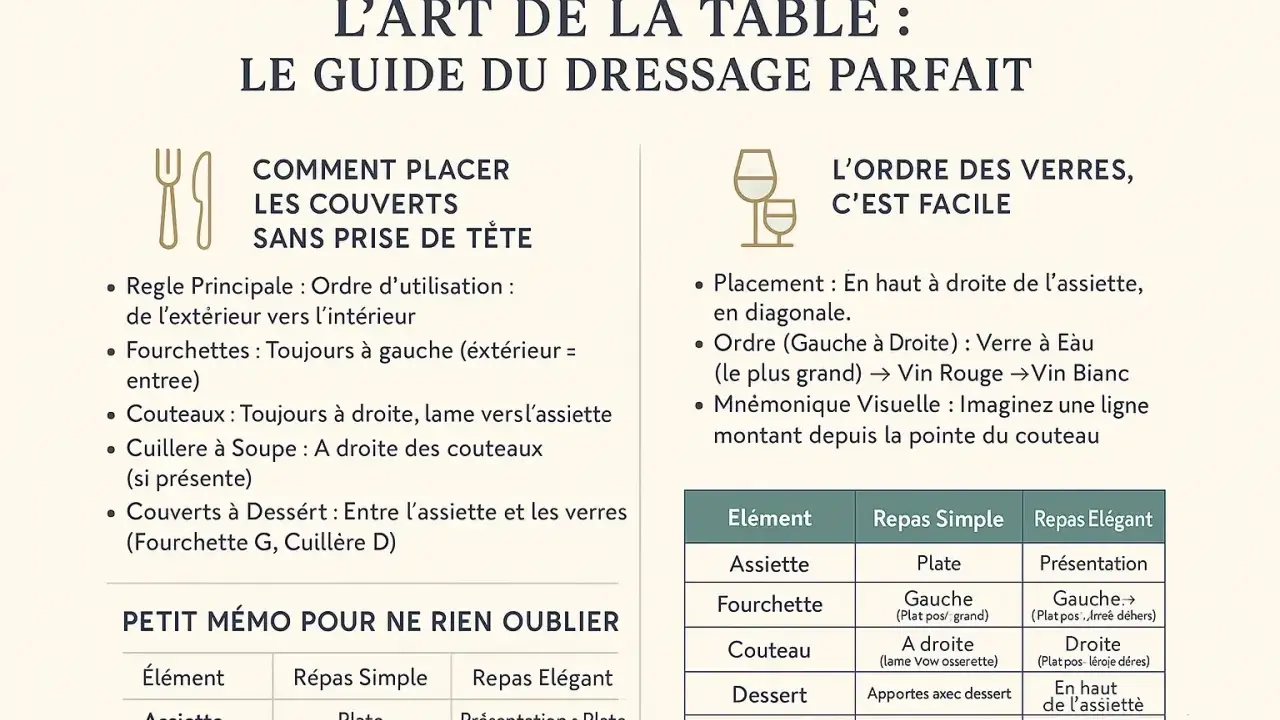 Guide pour poser les couverts à la française : fourchettes à gauche, couteaux à droite, lame vers l'assiette. Le dessert se place entre l'assiette et les verres.