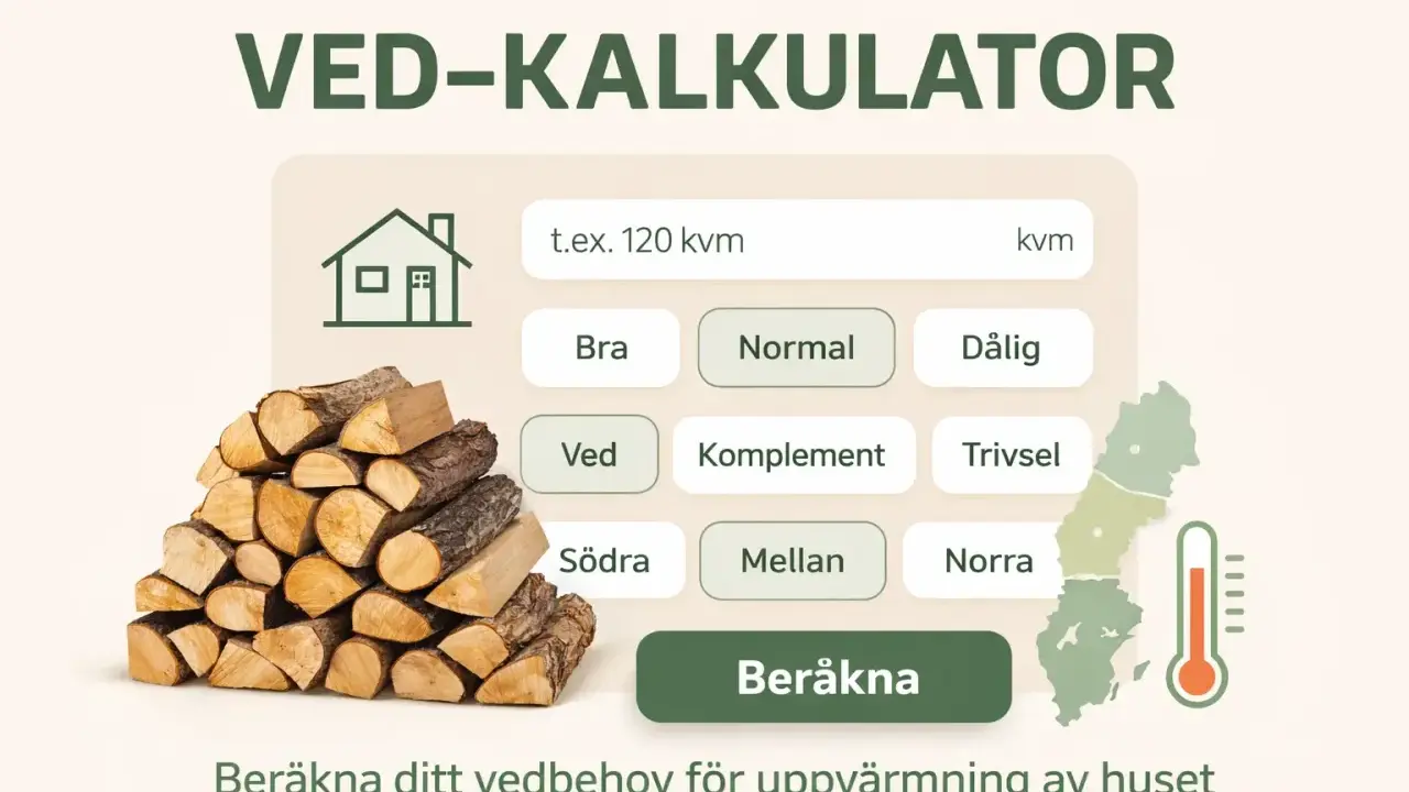 En stapel ved bredvid en kalkylator för att beräkna ditt vedbehov för uppvärmning av huset.