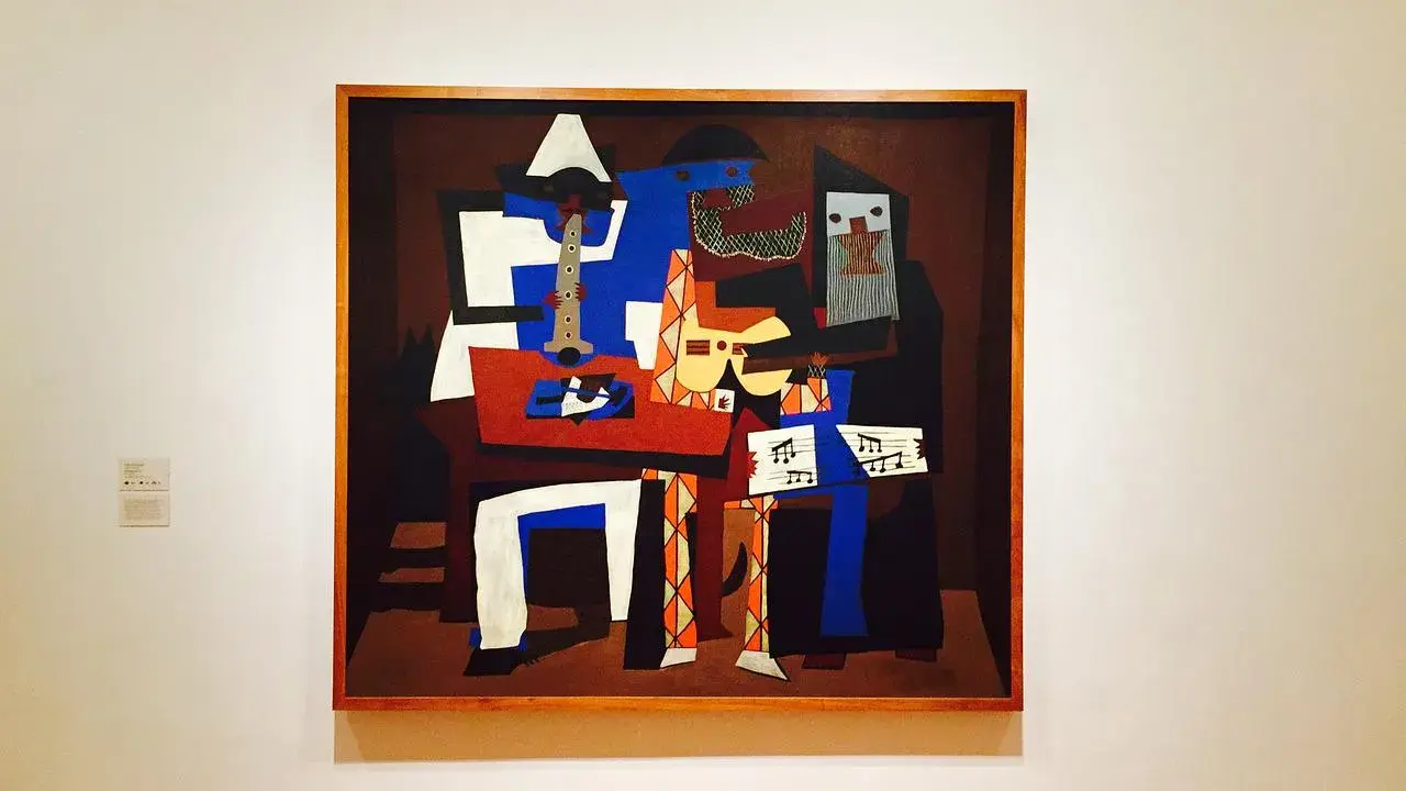 En kubistisk målning av Pablo Picasso föreställer musiker med instrument och noter.