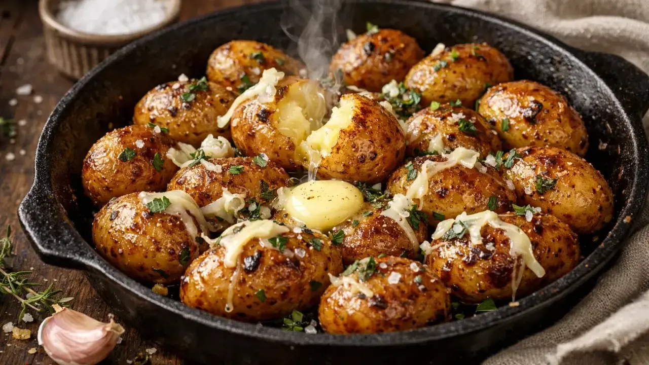 Pommes de terre grenaille au four, dorées et fondantes, garnies de fromage et de persil, avec une noix de beurre qui fond.
