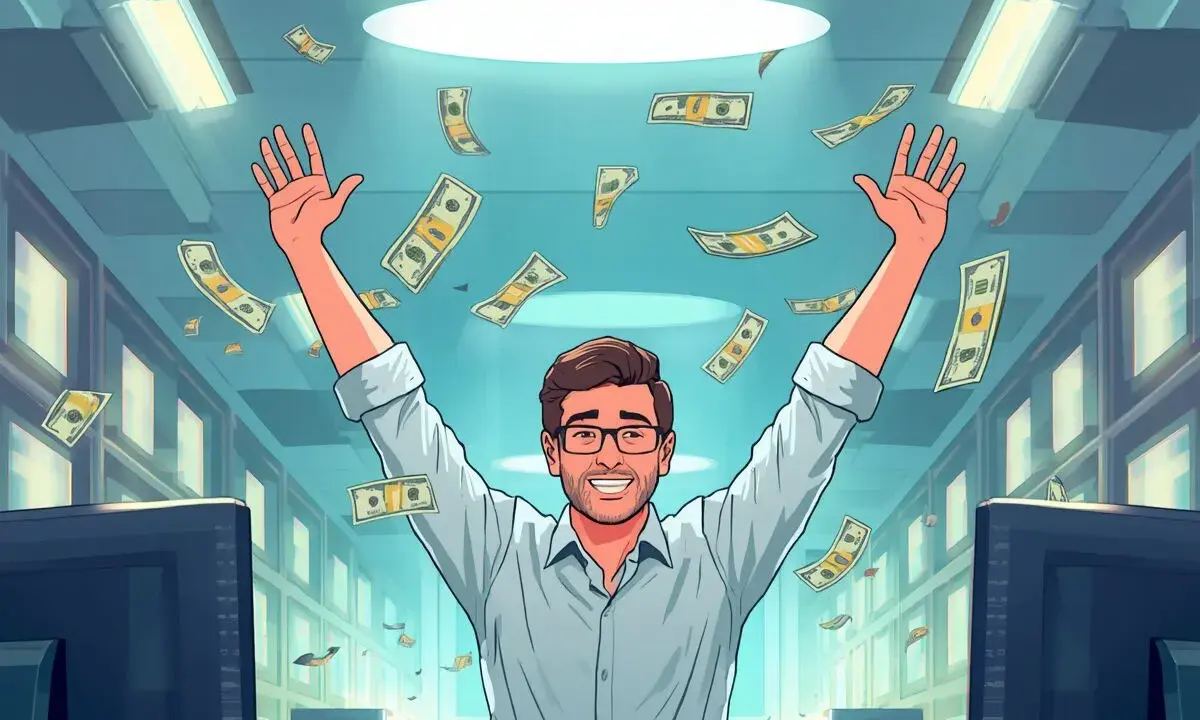 Szczęśliwy software engineer z rękami w górze, otoczony spadającymi banknotami. Sukces w branży IT!