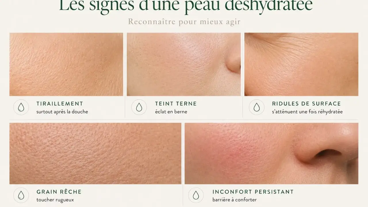 Les signes d'une peau déshydratée : tiraillements, teint terne, ridules, grain rêche et inconfort. Reconnaître ces signes pour mieux agir.