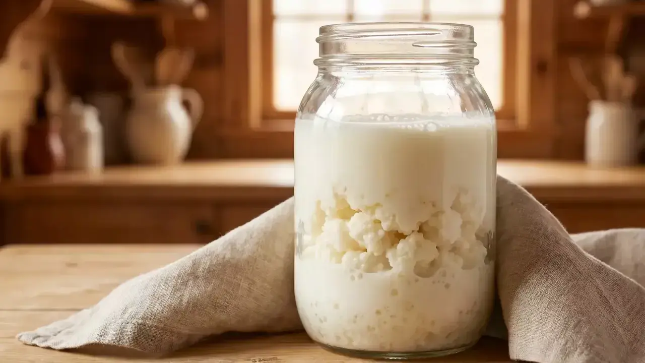 Ein Glas mit Milch und Kefirknollen, bereit zum Milchkefir ansetzen. Im Hintergrund eine rustikale Küche.