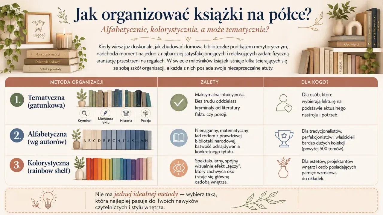Trzy metody organizacji książek: tematyczna, alfabetyczna i kolorystyczna. Każda z nich ma swoje zalety i jest dla innego typu czytelnika.