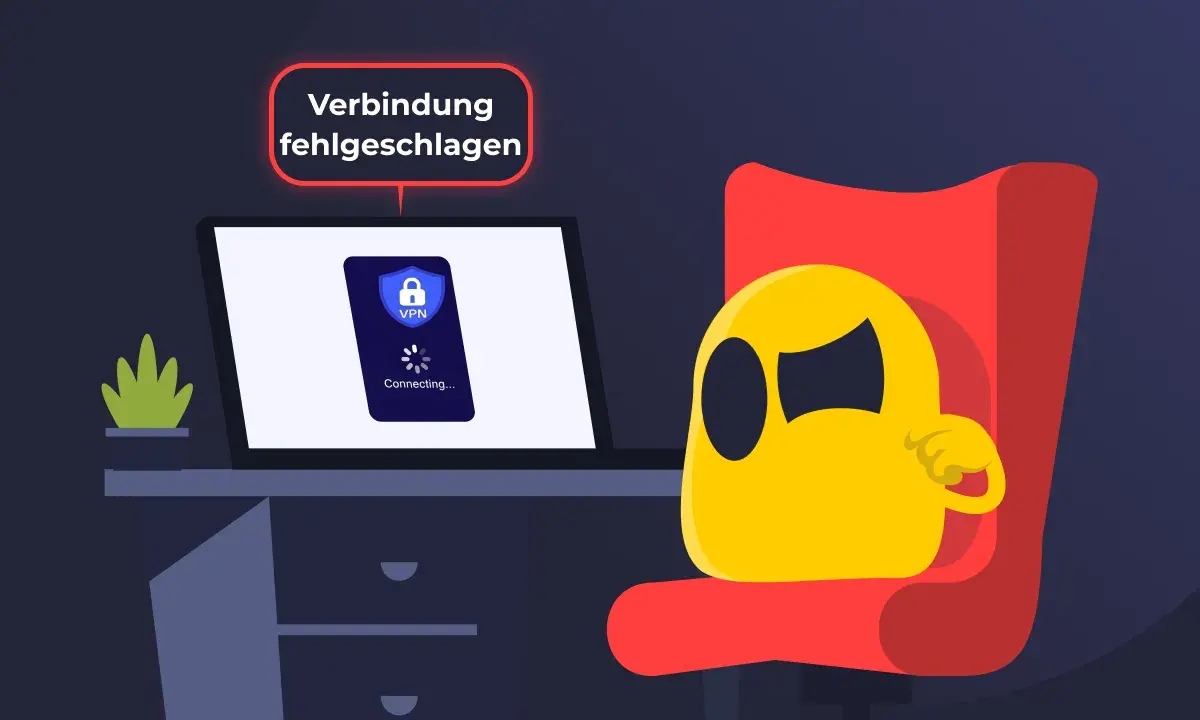 Gelbe Figur sitzt frustriert vor Laptop, der VPN-Verbindungsprobleme anzeigt. "Verbindung fehlgeschlagen" steht über dem Bildschirm.
