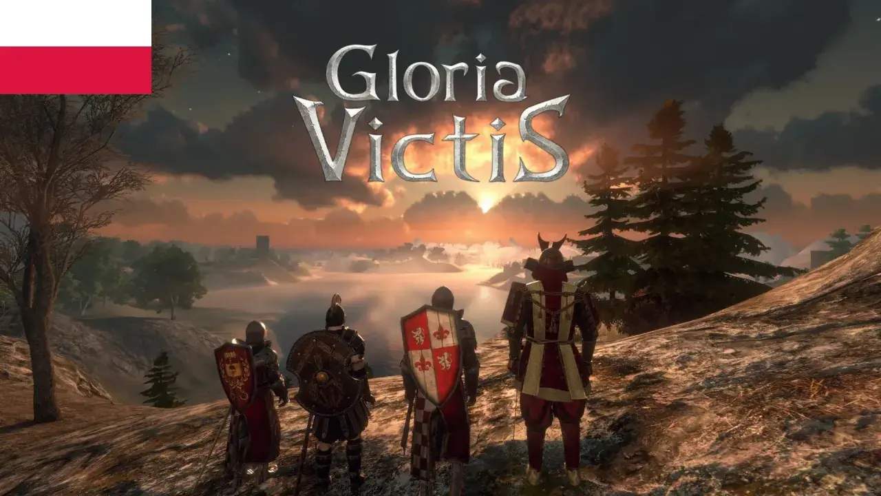 Rycerze w zbrojach patrzą na zachód słońca. Nad nimi logo gry Gloria Victis. Polska flaga w lewym górnym rogu.