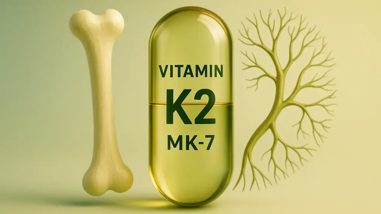 Żółta kapsułka z napisem "VITAMIN K2 MK-7" między kością a drzewem.