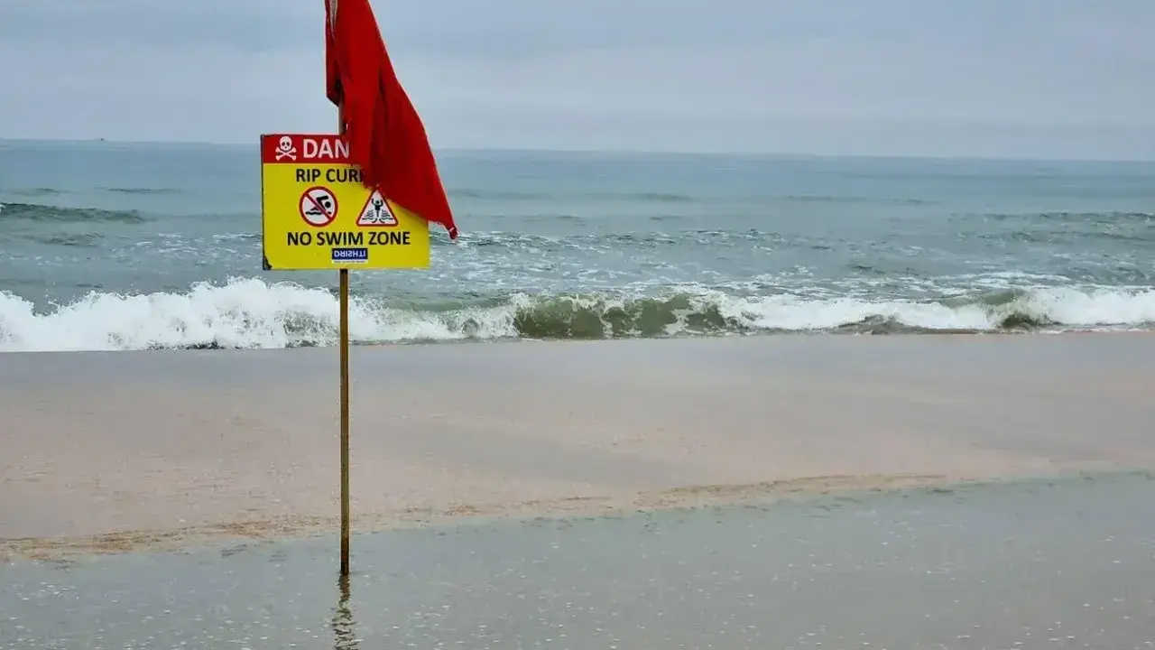 Röd flagga och skylt varnar för farliga strömmar vid stranden i Goa, Indien. Ingen badzon.