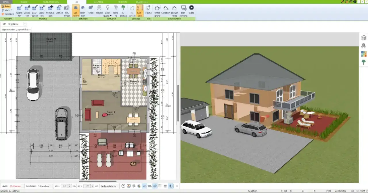 Grundriss eines amerikanischen Hauses mit zwei Autos auf dem Hof und einem 3D-Modell des Hauses daneben.