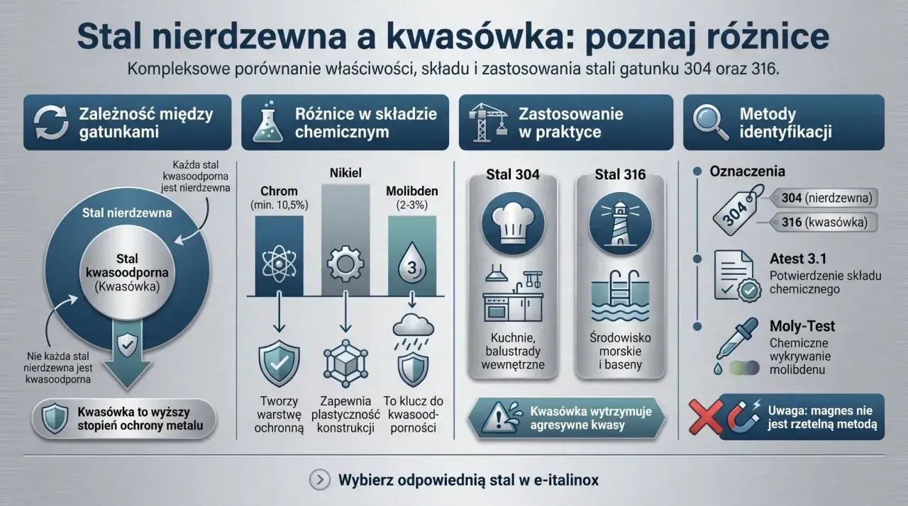 Porównanie stali nierdzewnej i kwasówki: skład, zastosowanie i metody identyfikacji. Kwasówka to wyższy stopień ochrony metalu.