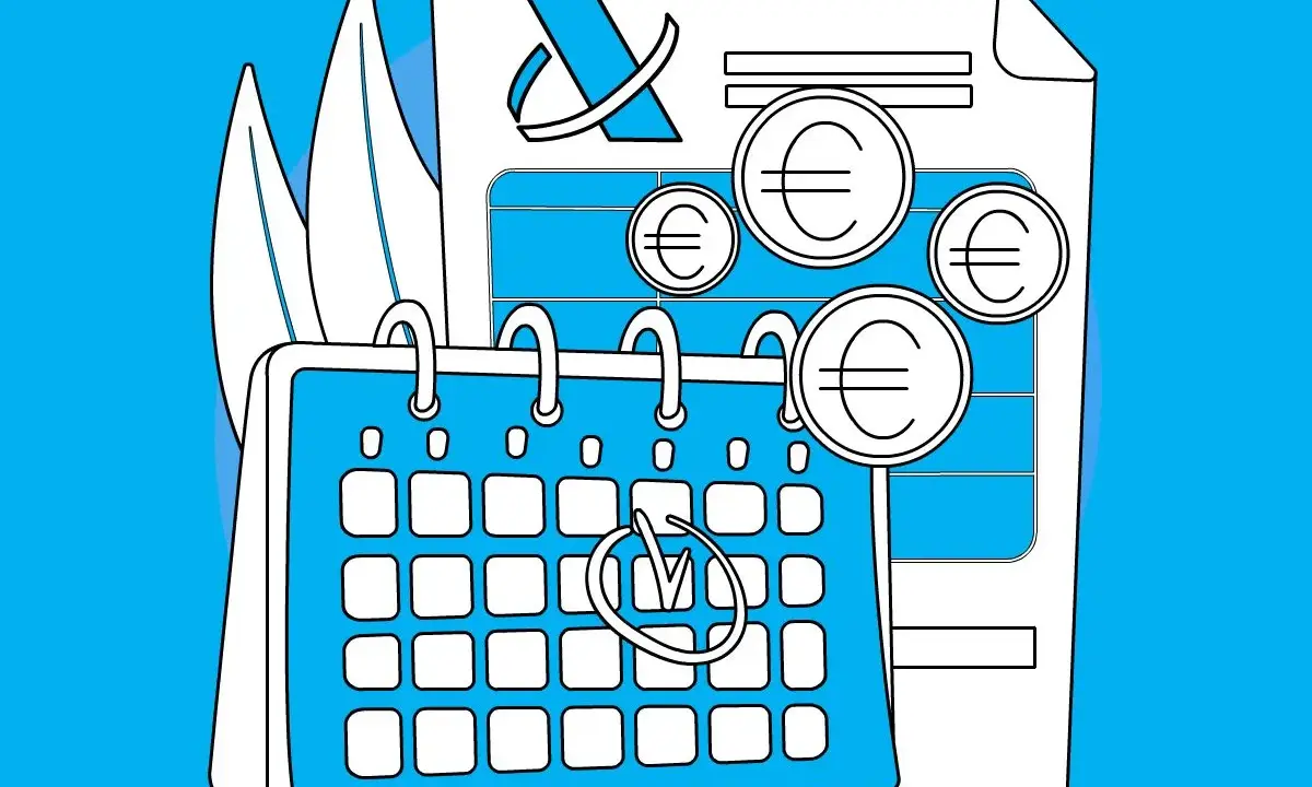 Calendario y monedas de euro sobre un documento, ilustrando que son las retenciones y su impacto financiero.