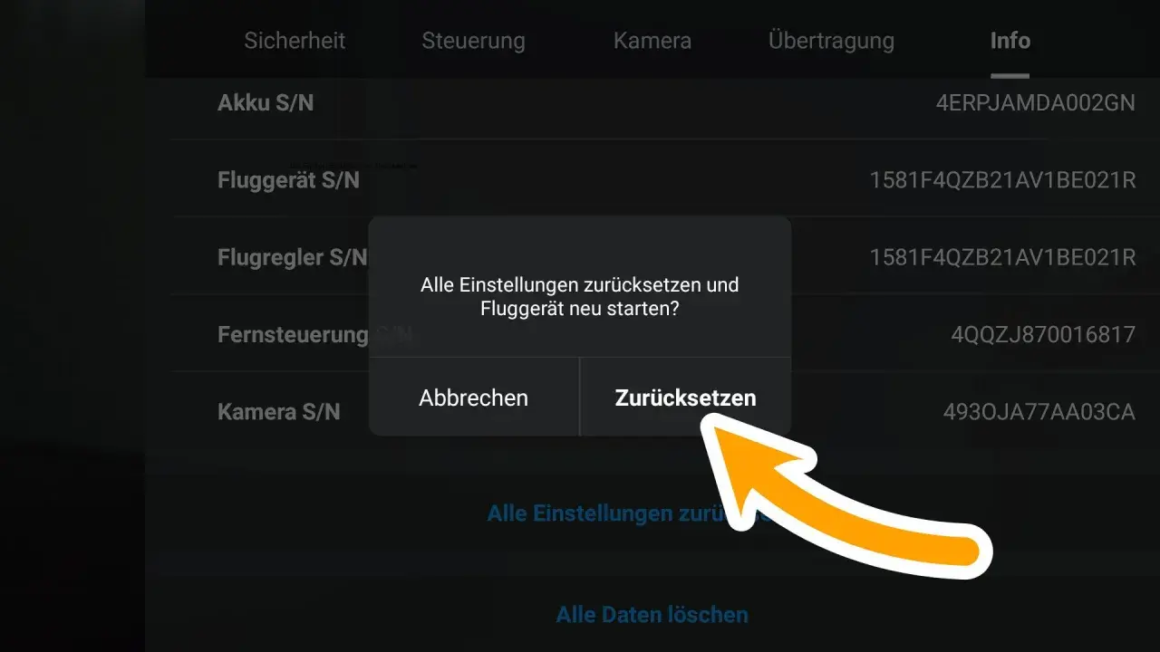 DJI Spark App: Dialogfeld fragt, ob alle Einstellungen zurückgesetzt und das Fluggerät neu gestartet werden sollen.