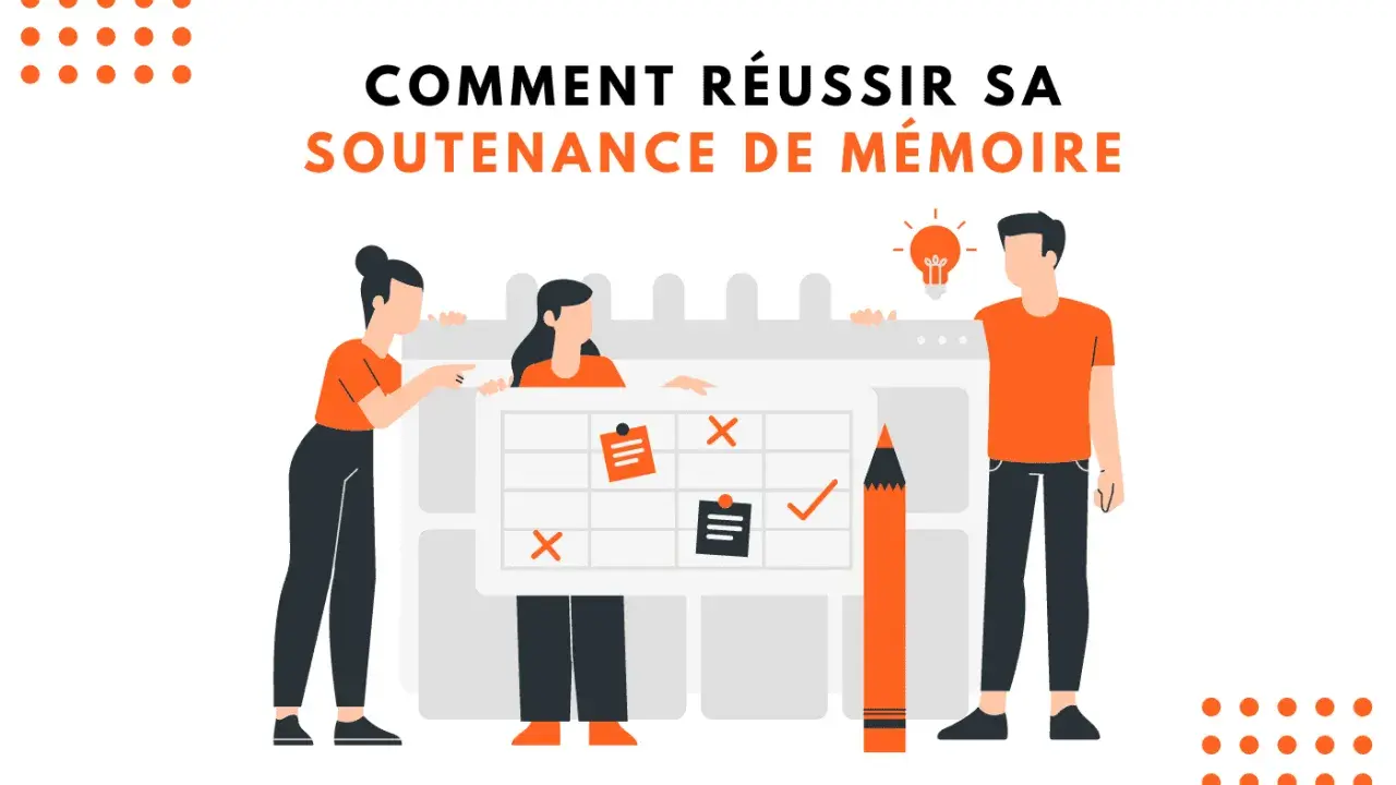 Trois personnes planifient comment commencer une soutenance de mémoire avec un tableau et un crayon géant.
