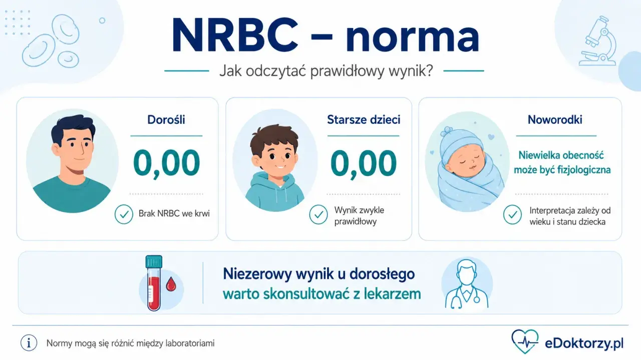 NRBC - norma. U dorosłych i starszych dzieci wynik 0,00 jest prawidłowy. U noworodków niewielka obecność NRBC może być fizjologiczna.