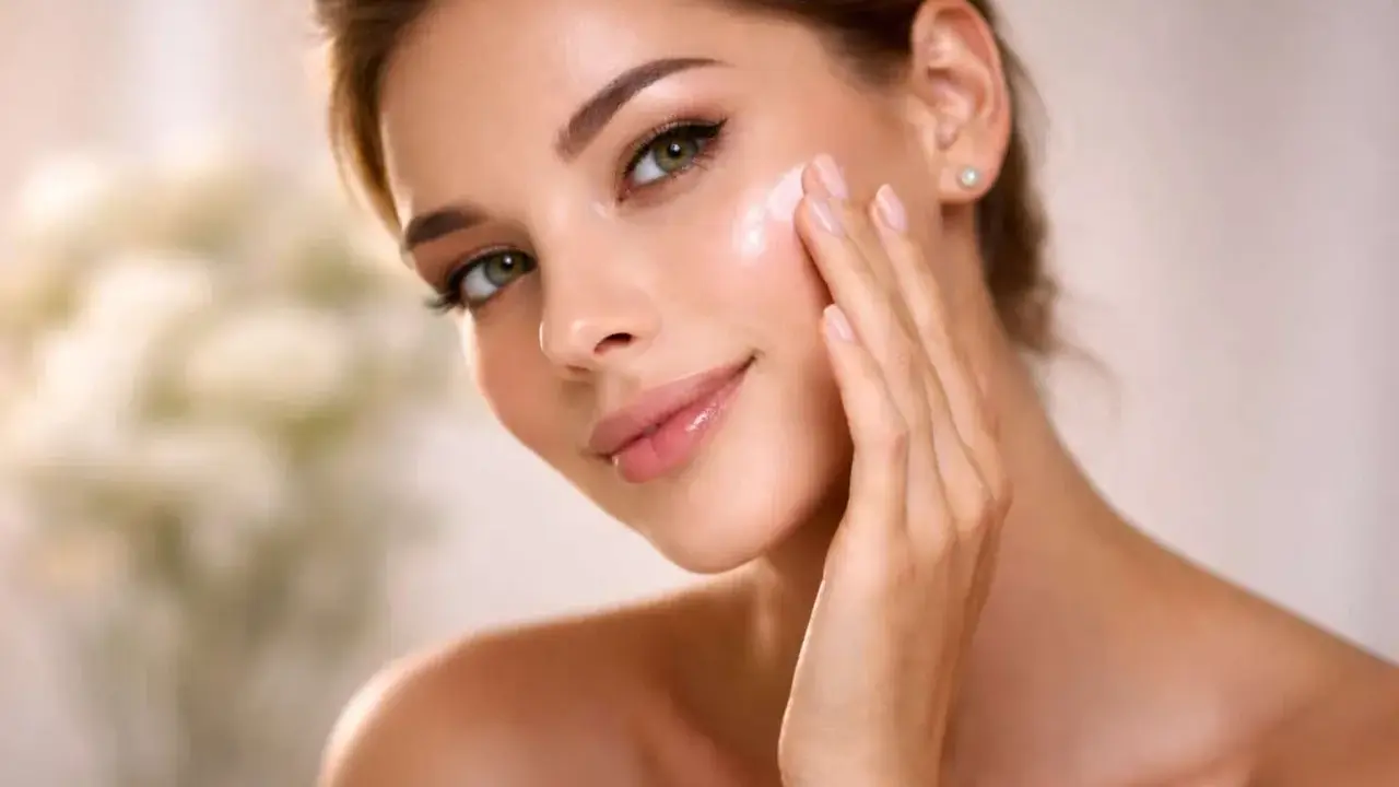 Donna applica crema sul viso. Il primer serve a preparare la pelle per un trucco impeccabile e duraturo.