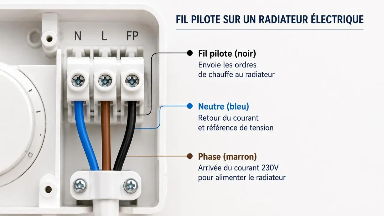 Branchement convecteur électrique : fil pilote noir, neutre bleu et phase marron connectés. Le fil pilote envoie les ordres de chauffe.